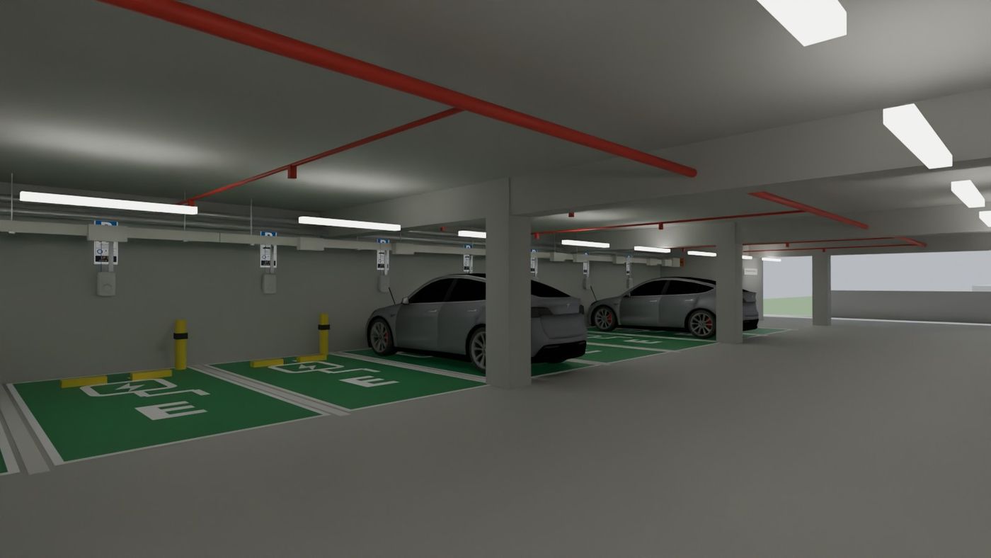 Parkdeck mit Wallboxen, Anfahrschutz und Beschilderung